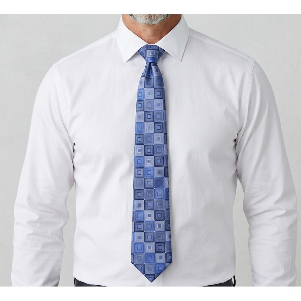 Calvin Klein Silk Tie Blue Geometric Squares Mens Necktie Formal Designer Tie